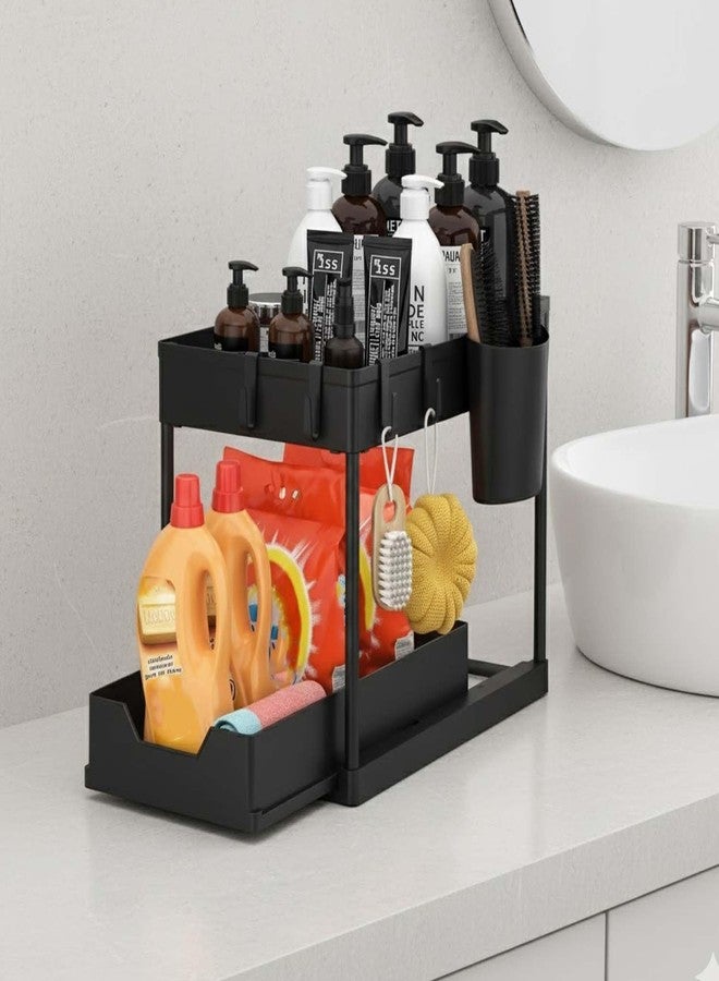Go Hooked 2-Tier Under Sink Organizer Rack for Home & Bathroom with 5 Hooks & Cup | Sliding Basket Shelf Stand for Bathroom, Laundry, Pantry & Office | Durable Metal Frame with Perforated Design - Image 1